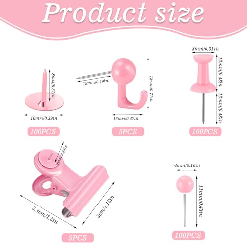 310 Pcs Push Pins Set, Pink Thumb Tacks Decorative Push Pins for Cork Board with Hook Pushpin Clip 5 Style Office Accessories for Cork Board Map Office (Pink) - color: Pink