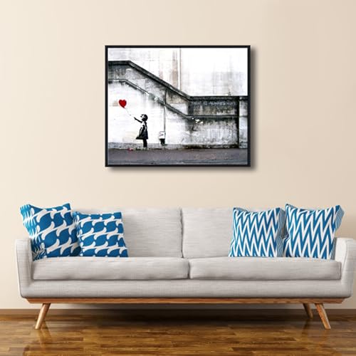 Wieco Art Framed Canvas Wall Art Giclee Canvas Prints of Banksy Grafitti Girl with Red Balloon Abstract Artwork for Wall Decor Home Decorations Black Frame - size: 24"L x 20"W