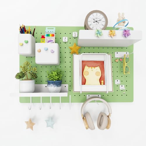 Metal Pegboard Kit — Carbon Steel Pegboards with 26 Accessories, Pegboard Wall Organizer for Home, Office, Study Room, Kitchen, Craft Room & Gaming Setup— 24″ × 16″ Green Peg Board - color: Green