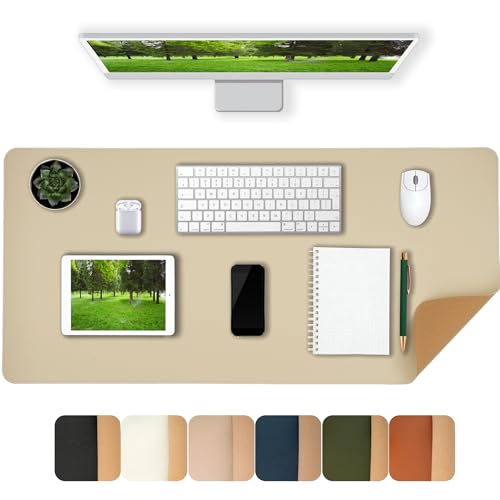 Desk Pad Mat Dual-Sided Natural Cork and PU Leather Non-Slip Water-Resistant Desk Matt for Desktop - color: Eggshell, size: 23.6" x 13.8"