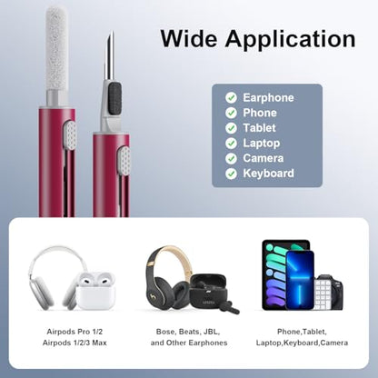 Hyashee Cleaner Kit for Airpods Pro 1 2 3 Multi-Function Cleaning Pen with Soft Brush Flocking Sponge for Bluetooth Earphones Case Cleaning Tools (Red) - color: Red