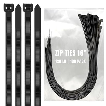 ALBO Black Zip Ties Heavy Duty 16 Inch Long 120lb - 100 Pack Plastic Cable Ties 0.3 Inch Thick UV Resistant Tie Wraps for Indoor and Outdoor Use - size: 16" Black 100 Pack 120lb