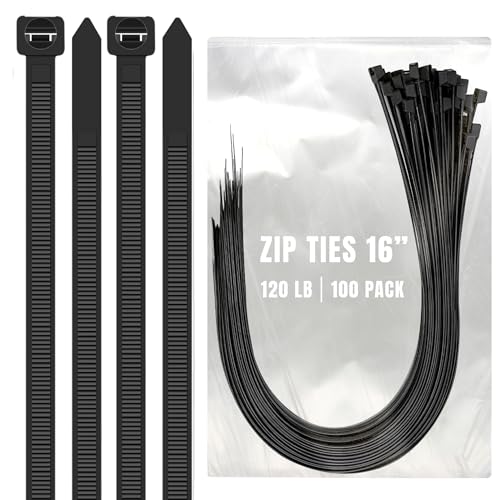 ALBO Black Zip Ties Heavy Duty 16 Inch Long 120lb - 100 Pack Plastic Cable Ties 0.3 Inch Thick UV Resistant Tie Wraps for Indoor and Outdoor Use - size: 16" Black 100 Pack 120lb