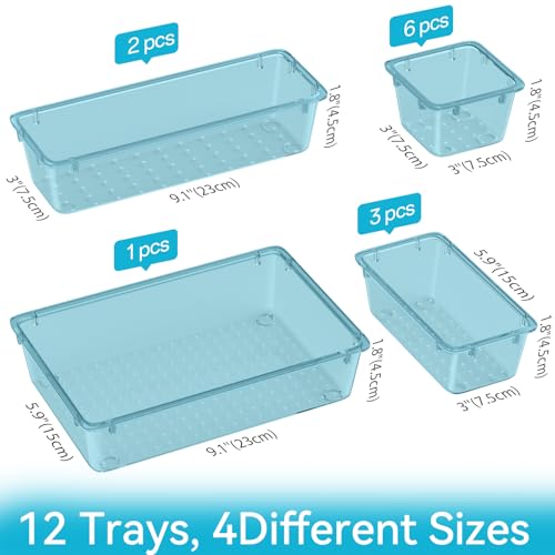 ElegantArray 12-Piece Drawer Organizer Set, 4 Sizes Versatile Plastic Vanity Organizer for Makeup, Stationery, Gadgets, in Kitchen, Bathroom, Office, and Bedroom, Sea Blue - color: Sea Blue, size: 12 Pcs