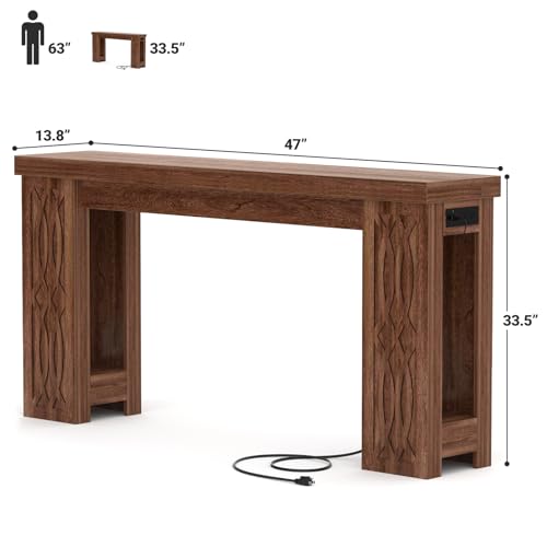 Cyclysio 47" Console Table with Outlet, Farmhouse Entryway Table with Colorful LED Lights, Wooden Sofa Table with Unique Carved Design, Foyer Accent Table for Entrance, Hallway, Living Room - color: Rustic Oak, size: 47 Inch