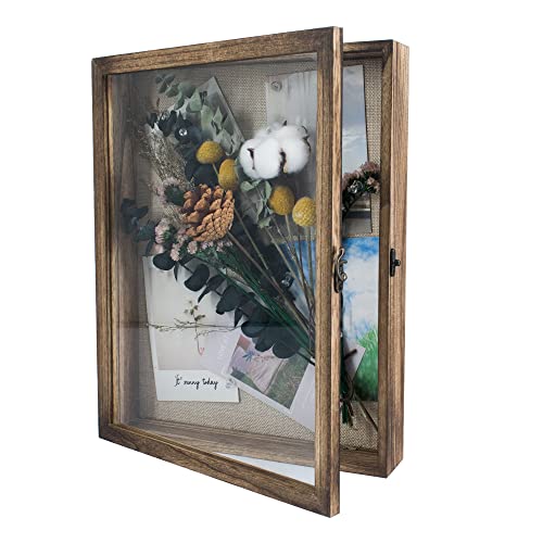GraduationMall 11x14 Shadow Box Frame Solid Wood Glass Door Display Case with Linen Back and 6 Stick Pins,1.5 inches Interior Depth,Ideal for Memorabilia Pictures Flowers Medals Tickets - color: Carbonized Black, size: 11x14