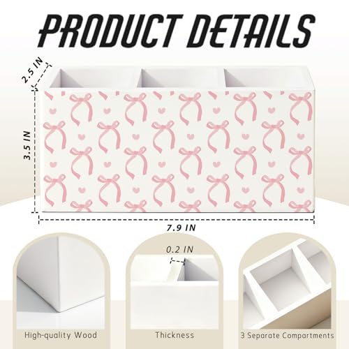 Pink Bow Pen Pencil Holder for Desk Decor, Girly Office Decor, Preppy Pink Bow Aesthetic Wooden Box Sign Decorations for Girly Room Bedroom Dorm Office Desk Tabletop - color: 02-Pink Bow(white)