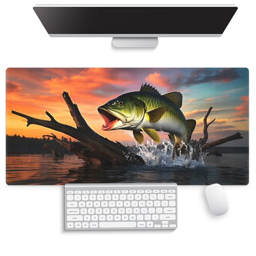 Large Gaming Mouse Pad (31.5" x 15.8") - Large Mouth Bass Fish Fishing Lake Scene At Sunset, Extra XXL Extended Office Accessories, Premium Stitched Anti-Slip Desk Mat - color: Fishing Lake