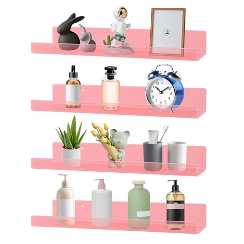 Dezzer 4 Pack Acrylic Shelves for Wall, 15" Acrylic Floating Shelves for Bathroom Bedroom, Invisible Bookshelf Wall Ledge Storage Shelf Books Perfume Toys Action Figure Display Shelves, Pink - style: 15 inch 4-pack Pink