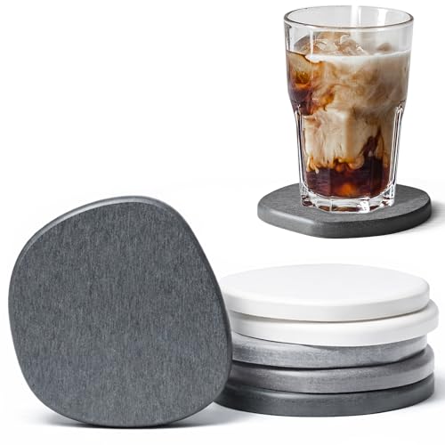 Diatomaceous Earth Coasters Set of 6 for Drinks, Moisture Water Absorbent Stone Coasters for Table Desk at Work, Water Absorbing Instant Drying Diatomite, Modern Grey and White - color: Grey and White, size: 6