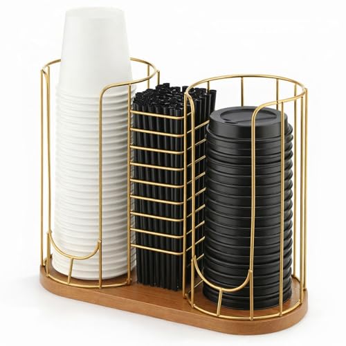 Geelin 18oz Adjustable Coffee Cup Dispenser with Wooden Base, Cup and Lid Holder, Cups Holder Organizer for Coffee Pod Straw and Lid Storage(3-compartment Single,Color 2) - color: Color 2, style: 3-Compartment Single