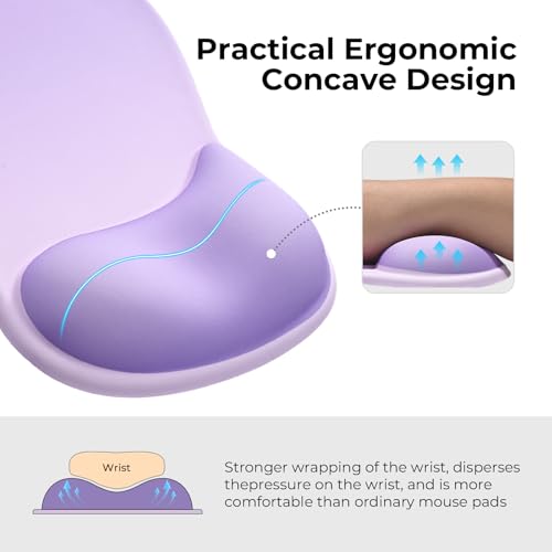 EooCoo Ergonomic Mouse Pad with Gel Wrist Rest Support Middle Concave Design, Relieve Wrist Pain Mousepad, Non-Slip Base for Laptop, Office Desk Accessories, Carpal Tunnel Syndrome - color: Purple