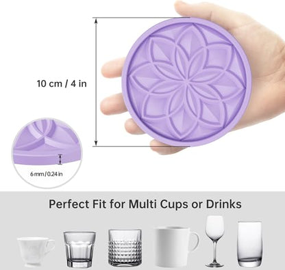 HFHOME Silicone Coasters Set for Drinks - 6 Pack With Holder, Table Cup Mat for Coffee Table, Desk, Bar - Tabletop Protection Gift - Light Purple - color: Light Purple