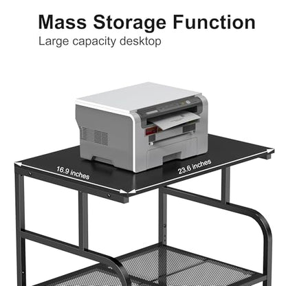 niffgaff Mobile Printer Stand with Large Desktop - 3 Tier Shelf, 24.4 Inch Height, Wooden Organizer for Home&Office, Black