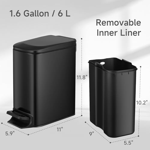 TIPGO Slim Bathroom Trash Can with Lid Soft Close, Step Pedal, 6 Liter / 1.6 Gallon Stainless Steel Garbage Can with Removable Inner Bucket, Anti-Fingerprint Finish (Matte Black) - color: Matte Black