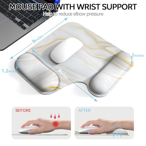 Ergonomic Mouse Pad with Gel Wrist Rest (1"& 1.2" Dual Height) - Mouse Pads Compact Mousepad Desk Mat Office, Gaming & Carpal Tunnel Relief | Non-Slip Rubber Base Gold Marble - color: Gold Marble
