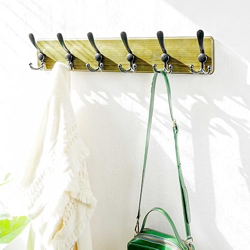 Dseap Coat Rack Wall Mounted - 24" Long 6 Tri Hooks, Heavy Duty Wooden Wall Coat Hanger Coat Hook for Clothes Hat Jacket Clothing, Weathered Green and Black - color: Weathered Green & Black, size: L=24"