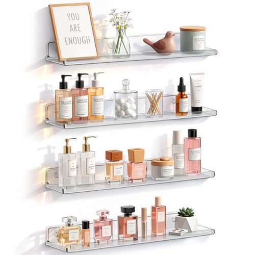 Lifewit Floating Shelves for Bathroom, Acrylic Display Shelf Wall Mounted for Makeup, Skincare, Nail Polish, Book, 14" Perfume Organizer for Bedroom, Living Room, Nursery, Home Decor, Clear, 4 Pack - color: Clear, size: 14"