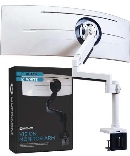 ULTRARM Heavy Duty Monitor Arm for Ultrawide Curved Monitors Modular Design | Max 57", 44 lb, 900R Screens, VESA 100x100, Upgradable, Pneumatic Height Adjustable, C-clamp & Grommet Mount, White, MA20PW-S - color: White, size: Single Monitor Arm