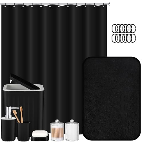 Hosuly 9 Pcs Bathroom Accessory Set Shower Curtain and 12 Hooks Table Trash Can Soap Dispenser Soap Dish Non Slip Bathroom Rugs Cup and Cotton Swab Holder Complete for Bathroom Decor (Black) - size: Black
