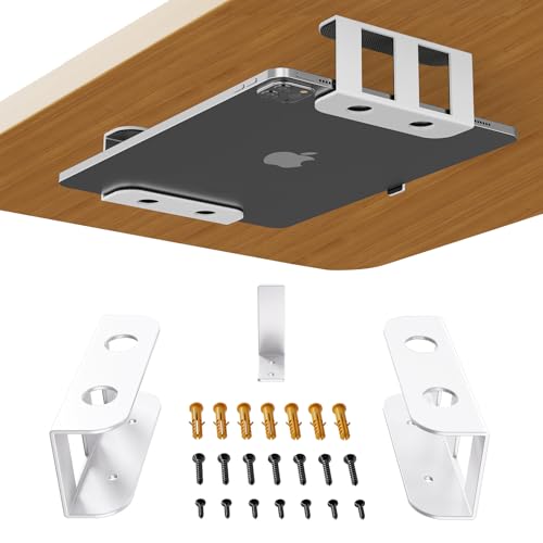 BYMECOST Under Desk Laptop Storage Mount, Metal Under Desk Device Holder, for Devices Up to 2.1" Thick, MacBook, Mini, Keyboard, Router, with Anti-Scratch Silicone (White) - color: White, size: 2.1" without hook