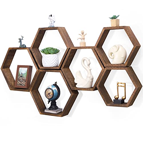 NOVIMANGO Hexagon Floating Shelves Set of 6 Honeycomb Shelves for Wall Wood Farmhouse Storage Home Decor Shelf Wall Mounted Wooden Hexagonal Shelves for Bedroom Living Room Nursery, Rustic Brown - color: 6 Pack Brown
