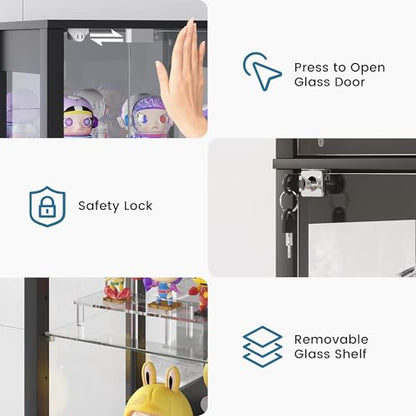 Dystler Display Cabinet with Glass Doors, 6 Tier RGB Lights Curio Cabinet | Adjustable Shelves, Human Sensor Lighting, Modern LED Display Case for Collectibles, Black - color: Black
