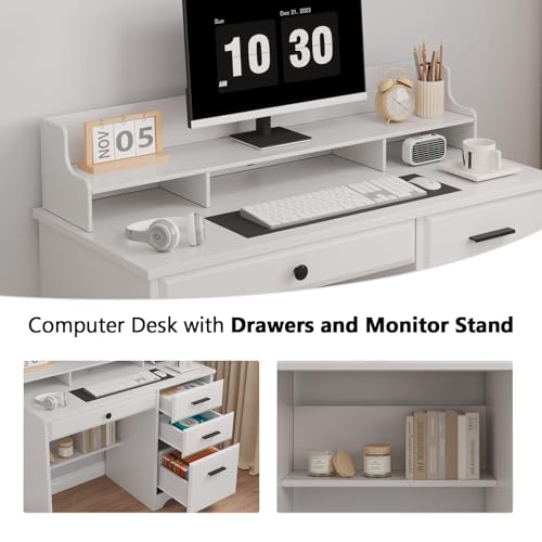 MaverickFurni White Desk with Drawers, Small Computer Desk with Drawers for Writing Study, Office Desk with File Drawer and Monitor Stand for Bedroom, Small Spaces - color: White