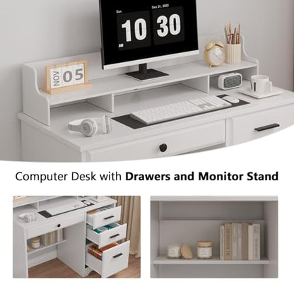 MaverickFurni White Desk with Drawers, Small Computer Desk with Drawers for Writing Study, Office Desk with File Drawer and Monitor Stand for Bedroom, Small Spaces - color: White