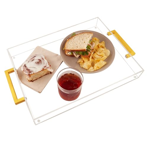 Acrylic Serving Tray with Gold Handles, 16" x 12" Decorative Tray for Coffee Table, Spill-Proof Server for Food and Drinks. Multipurpose for Kitchen, Countertop, Vanity, Ottoman, and Parties (Clear) - color: Clear