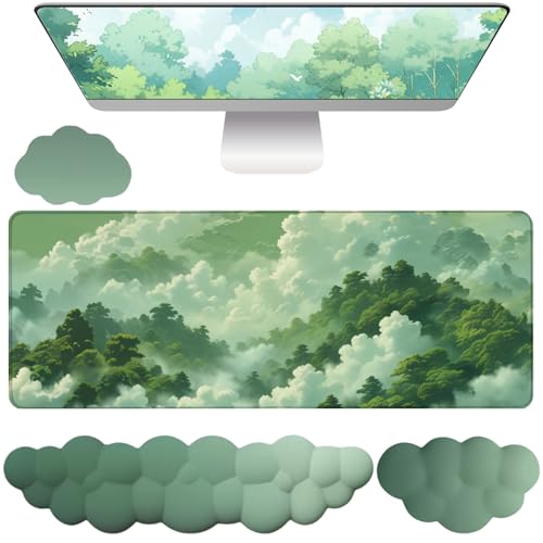 Green Cloud Mouse Pad and Keyboard Wrist Rest 4PCS Extended Forest Mountain Aesthetic Large Desk Mat Pad Set Memory Foam Non-Slip Cute Ergonomic Gaming Mouse Pad Wrist Support for Computer Home Office - color: 4pcs Green Sky