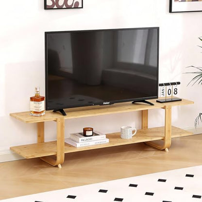 Tiita Bamboo TV Stand for 55 Inch TV, Entertainment Center with 2 Open Shelf, Mid Century Modern Media Console for Living Room, Bedroom, Wood - color: Wood