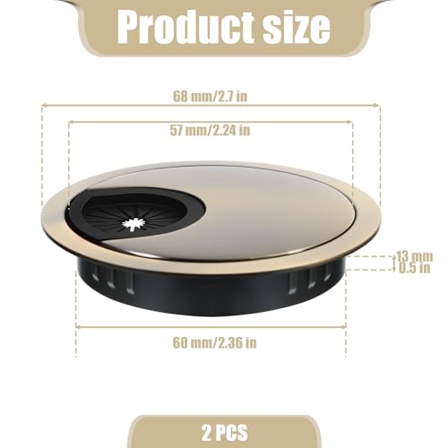 2 PCS Heavy Duty Zinc Alloy Desk Grommet, 60mm (2.36 Inch) Metal Cable Hole Cover for Wire Cord Management, Elegant Gold Wire Tidy Organizer for Home Office Computer Desks