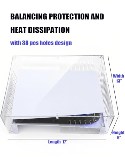 Fletzorb Horizontal PS5 Acrylic Dust Cover, Clear Console Protector for PS5 Slim/Pro with Base, Easy Assembly Heat Dissipation Case, Anti-Scratch & Dustproof, 17" L x 13" W x 6" H - size: 17" x 13" x 6"