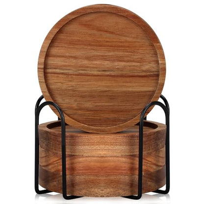 4 Pcs Farmhouse Wooden Coasters with Holder Cute Wood Drink Coaster Set Outdoor Beer Costers Home Decoration Coffee Table Decor Gift Cup Coaster Bar Kitchen Dining Table Accessories Modern Coasters - style: 4 Pcs Round