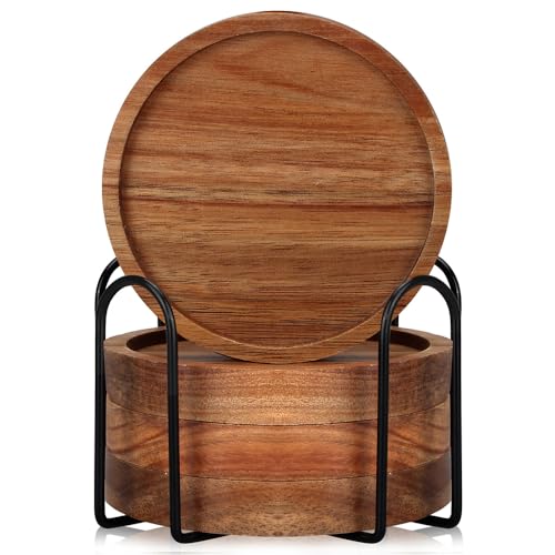 4 Pcs Farmhouse Wooden Coasters with Holder Cute Wood Drink Coaster Set Outdoor Beer Costers Home Decoration Coffee Table Decor Gift Cup Coaster Bar Kitchen Dining Table Accessories Modern Coasters - style: 4 Pcs Round