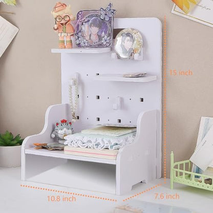 Wood Desk Pegboard Organizer, Desktop Peg Board with Hanger Hooks for Home and Office Supplies, Desktop Display Pegboard for Crafts, Keys and Small Items, Office Desk Accessories, White