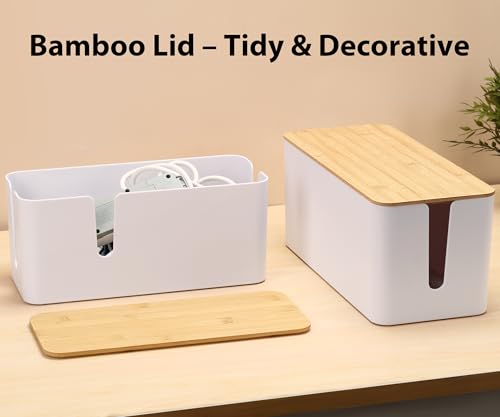 ZhiYo Cable Management Box, Power Strip Organizer, 2 Pack (L & XL), White | Fits Power Strips Up to 13.4" Long, Natural Bamboo Lid, Extra-Tall Design for Oversized Adapters, Ideal for Desks, TV Areas - color: White, size: Extra Large + Large