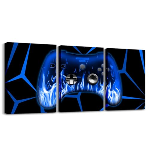 Feelyou Kids Boys Gamer Canvas Wall Art for Living Room 12"x16" 3 Piece Gaming Picture Wall Decor Game Controller Office Wall Decorations Artwork Posters Blue and Black Geometric Square Wall Painting - color: Blue1