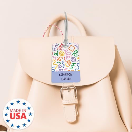 Personalized Geometric Luggage Tag / 2.75" x 4" Custom Abstract Bag Tag/Double Sided Durable Plastic Luggage Tag with Plastic Strap/Made in The USA - style: Squiggly