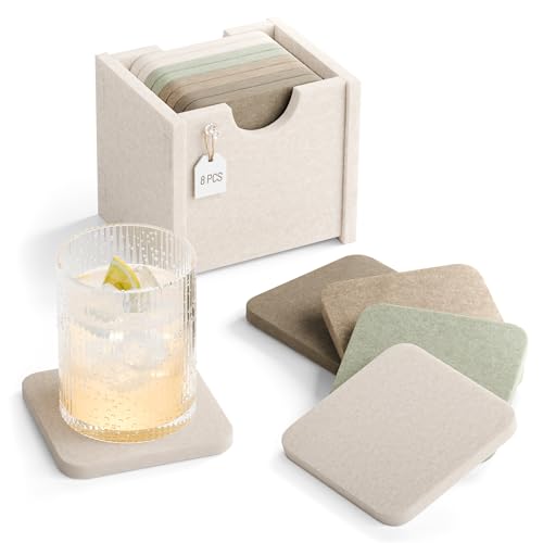Fluxynara Felt Coasters for Drinks, Set of 8 Absorbent Coasters with Holder, Heat-Resistant & Reusable Square Design for Coffee Table & Living Room, 3.94 Inch, Linen Dusk - color: Linen Dusk, size: Square - 8 Count