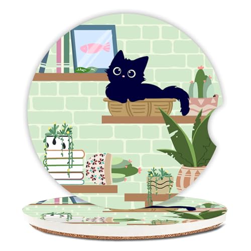 Ceramic Cup Holders Car Coasters Set for Women/Men,Drink Cup Car Holder Coasters with A Finger Notch 2.56" Pack of 2（Cute Black Cat 2） - color: Black Cat 2