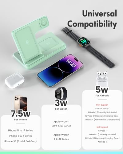 Wireless Charger Stand Charging Station: 3 in 1 Charger Multiple Devices for Apple iPhone 17 16e 16 15 14 Pro Max 13 12 11 for Watch 11 10 9 8 7 6 5 4 3 2 SE and Ultra & Airpods Series, Light Green - color: Light Green