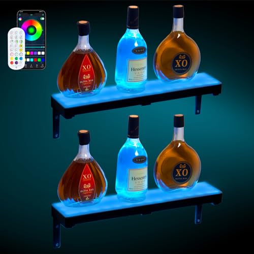 2 Pack Led Lighted Liquor Bottle Display Shelf, 20 Inch 1 Tier Wall Mounted Whiskey Rack, Bar Stand with RF Remote & App Control, Illuminated Acrylic Lighting Shelves for Home Bar, Party - size: 24"