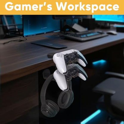 3 in 1 Under Desk Headphone Hanger with Adjustable Clamp Mount, 2 Controller Slots & 1 Headset Universal Holder Stand, Rotatable Hook Rack & Cable Organizer, for Home Gaming Xbox ps5 - Black - size: Black - 1 Headphone & 2 Controllers