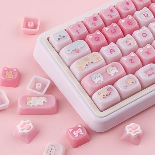 Ceramic Jade Cat Keycaps, 142 Keys Translucent Pink Meow Meow Cute Keycaps Mao Profile Custom Keycap with Keycap Storage Box for Cherry Gateron MX Swithes Mechanical Keyboards - color: Meow Meow Pudding