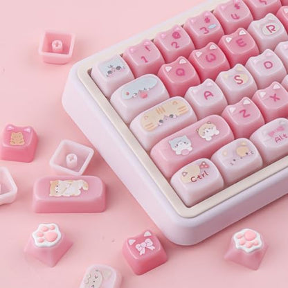 Ceramic Jade Cat Keycaps, 142 Keys Translucent Pink Meow Meow Cute Keycaps Mao Profile Custom Keycap with Keycap Storage Box for Cherry Gateron MX Swithes Mechanical Keyboards - color: Meow Meow Pudding