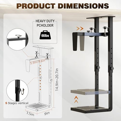 Adjustable Under Desk PC Mount, Clamp & Drill CPU Holder, 66LBS Capacity with Anti-Fall Baffle & Anti-Slip Pads for Standing Desk, Black