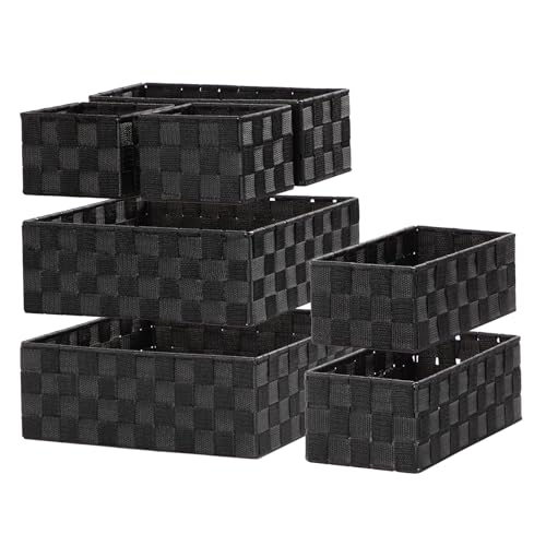 Posprica Small Baskets for Organizing(7 Set) Woven Storage for Shelves, Bathroom, Decorative Closet Organizer, Dresser Bins, Shelf - color: Black-7pcs