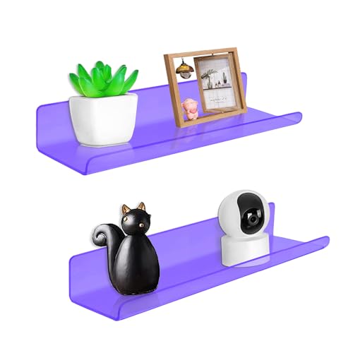 ROYALITA Small Acrylic Shelves Wall Mounted | Set of 2 | 12 Inches | Wall Hanging Plant Display Shelves, Room Decor Floating Wall Shelves for Gaming Room Bedroom, Living Room, Office, Purple - color: Purple, size: 12 Inch